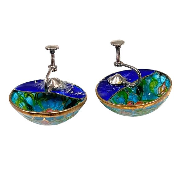 Vtg Floral Cloisonné Screw-Back Dome Earrings Floral Translucent Enamel Art - Picture 4 of 11
